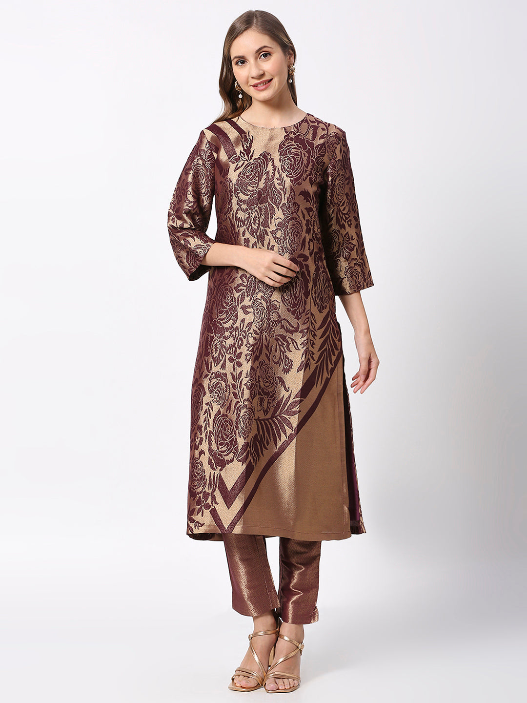 Brocade Wine Colored Rose & Petal Design Kurta Set