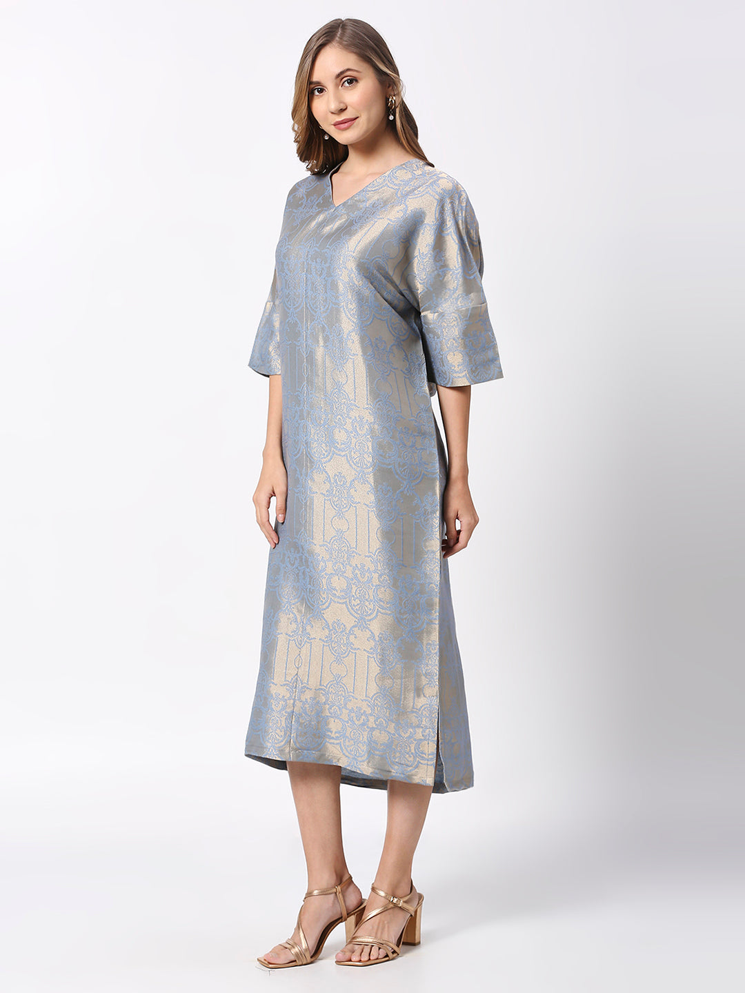 Blue Ornamental Golden Design Brocade Tunic Dress
