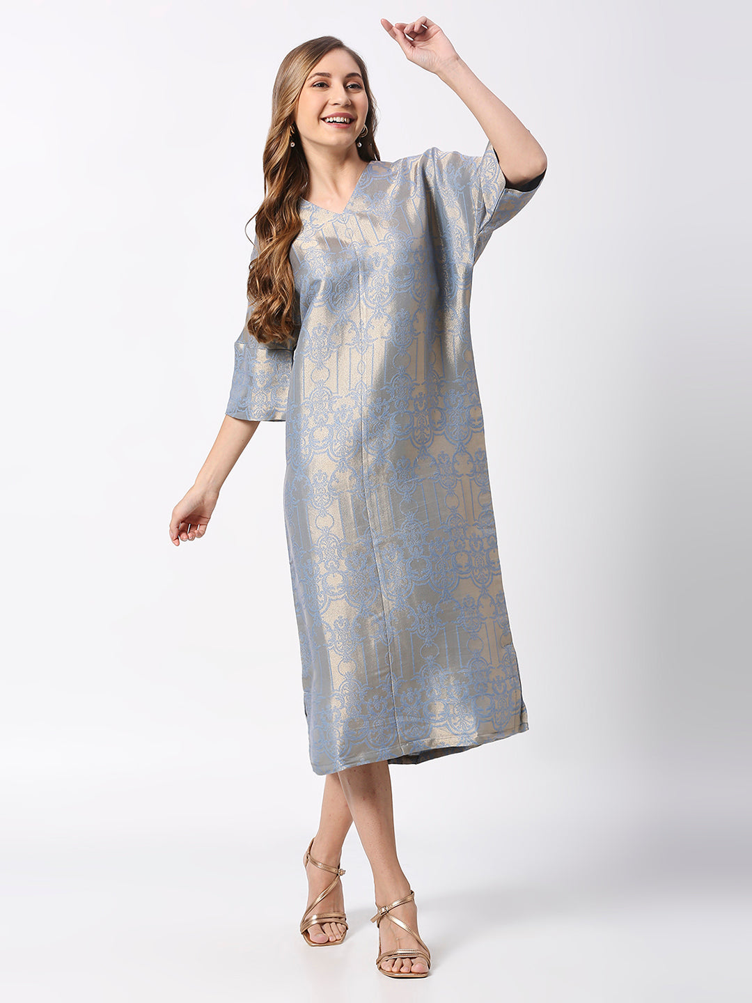 Blue Ornamental Brocade Tunic Dress