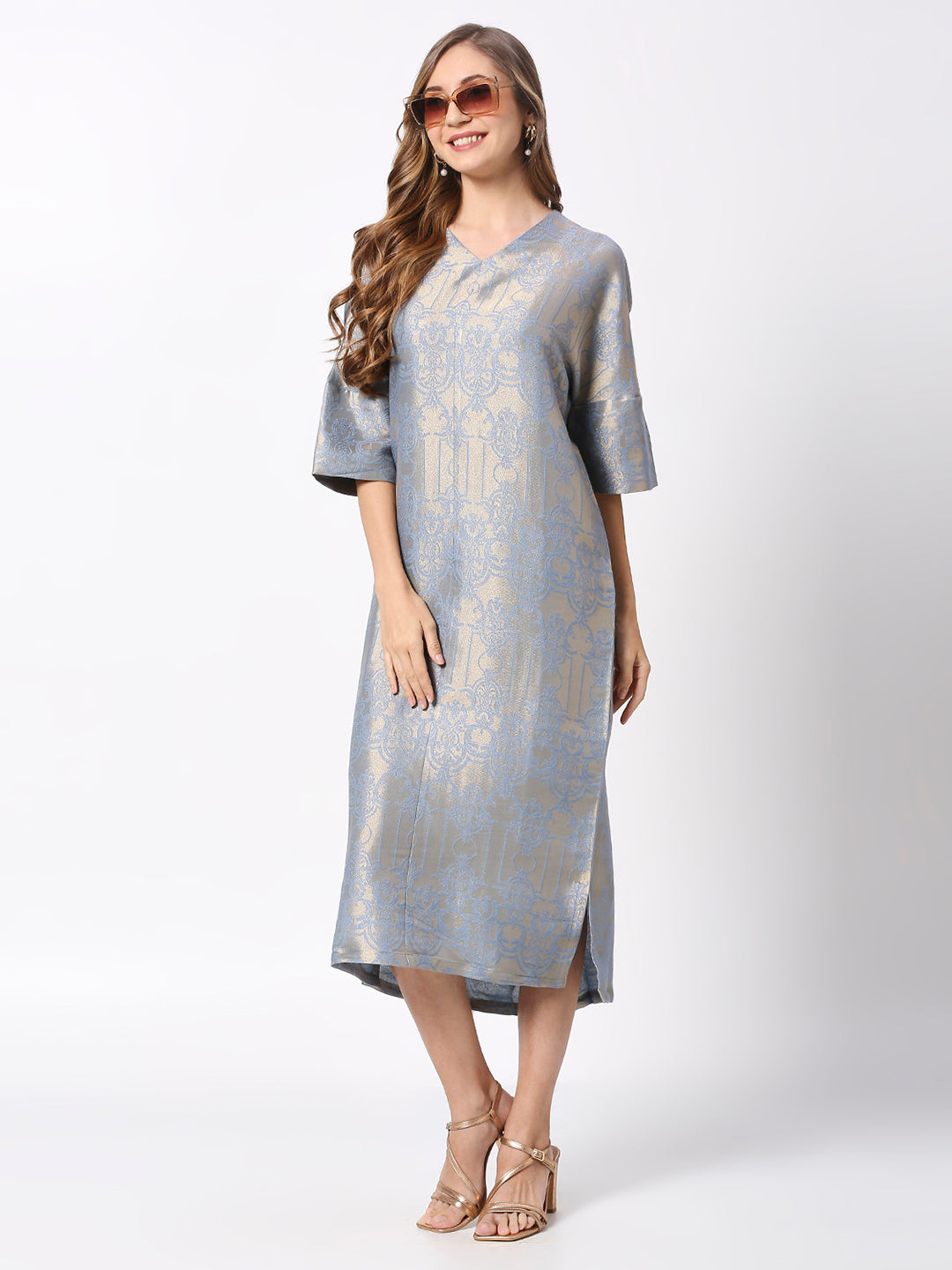 Blue Ornamental Golden Design Brocade Tunic Dress