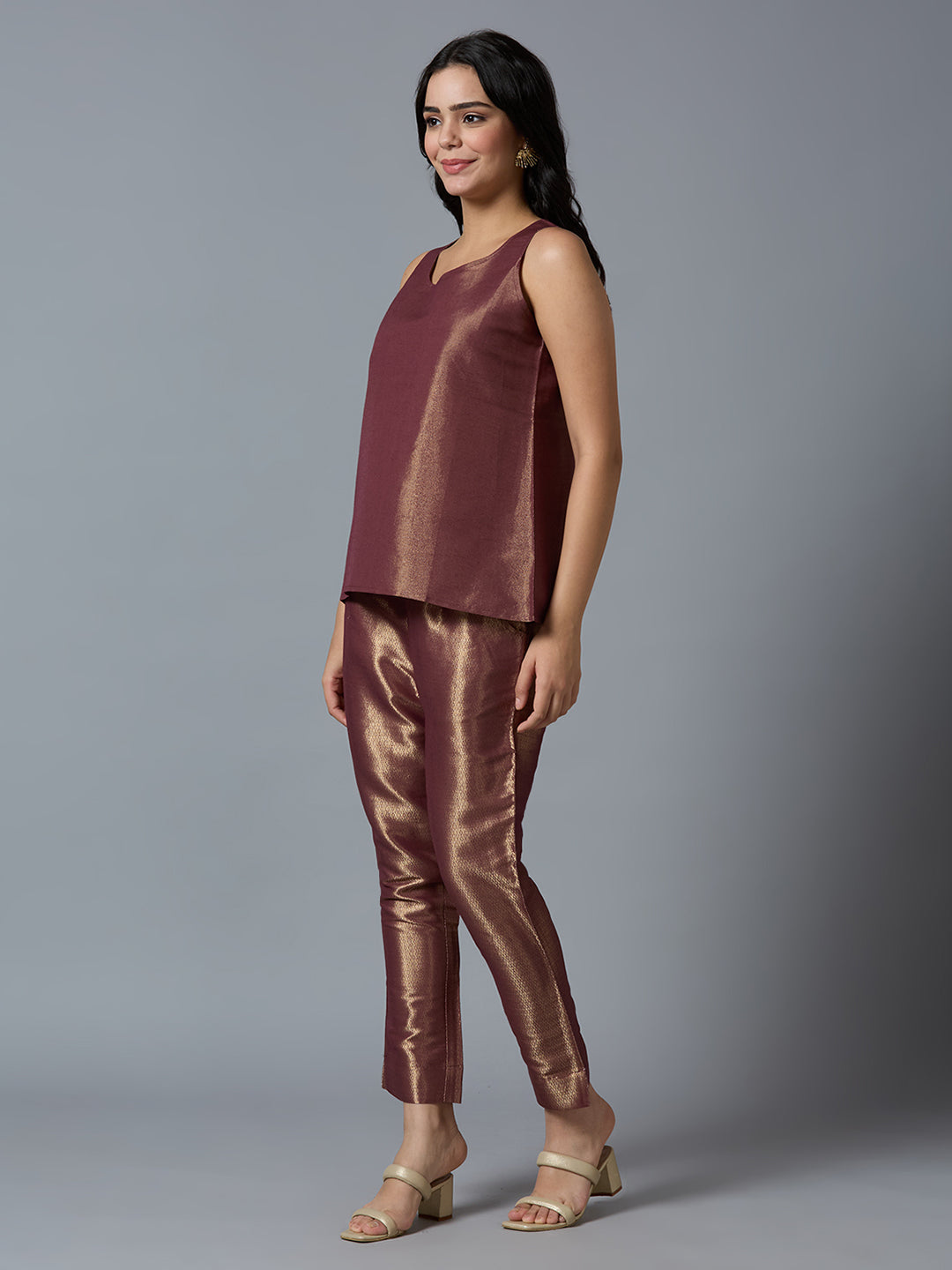 Wine Gold Brocade Sleeveless Top