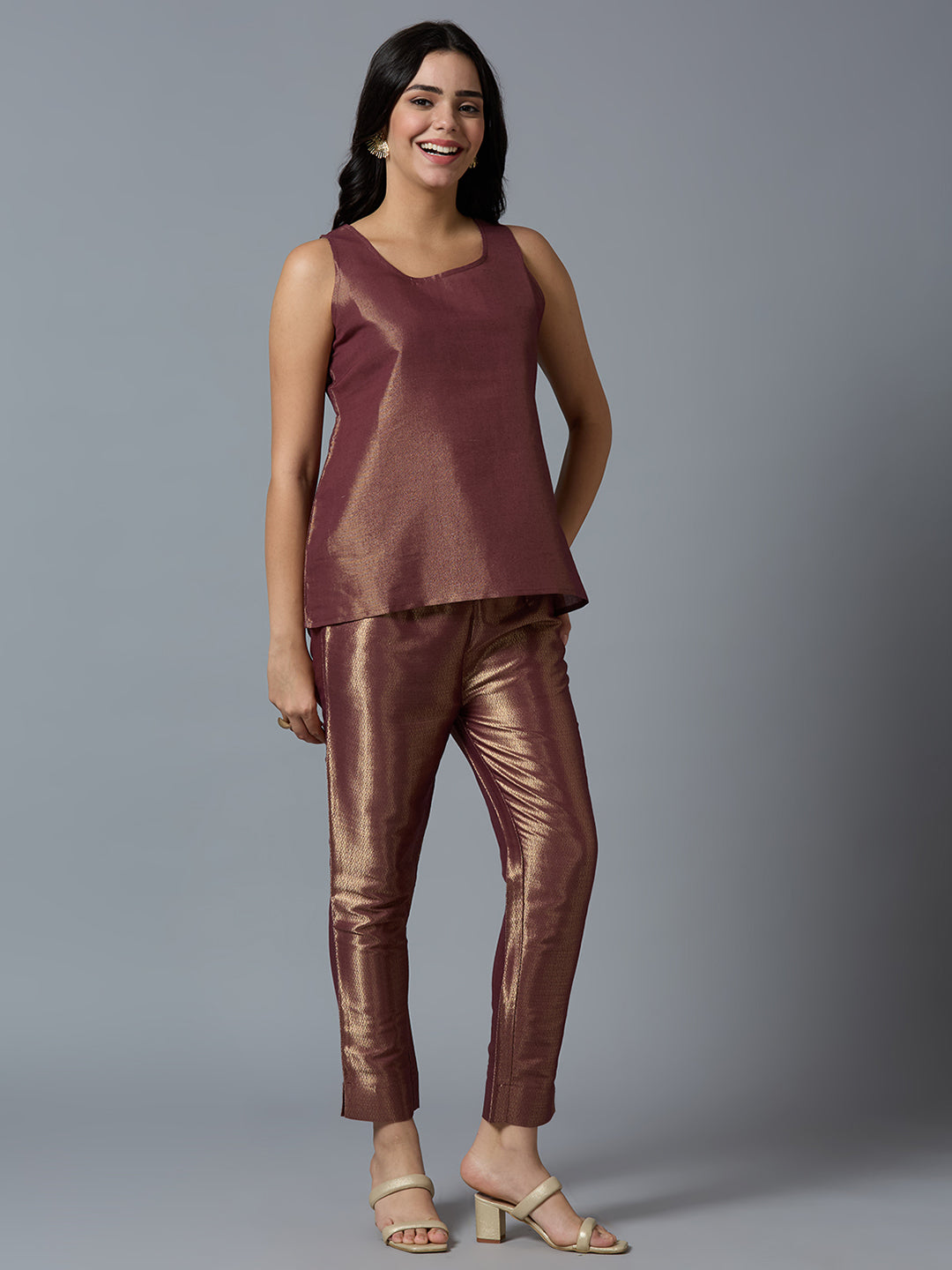 Wine Gold Brocade Sleeveless Top