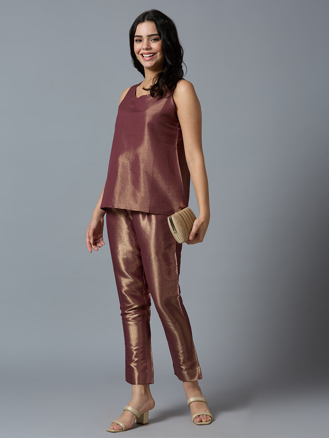 Wine Gold Brocade Sleeveless Top