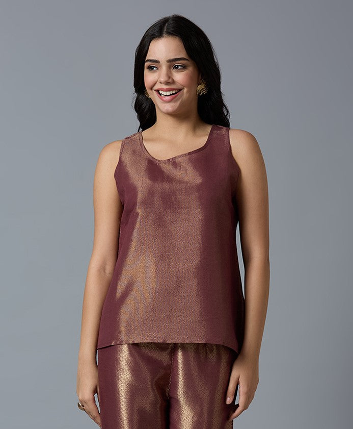 Brocade Wine Gold Sleeveless Top