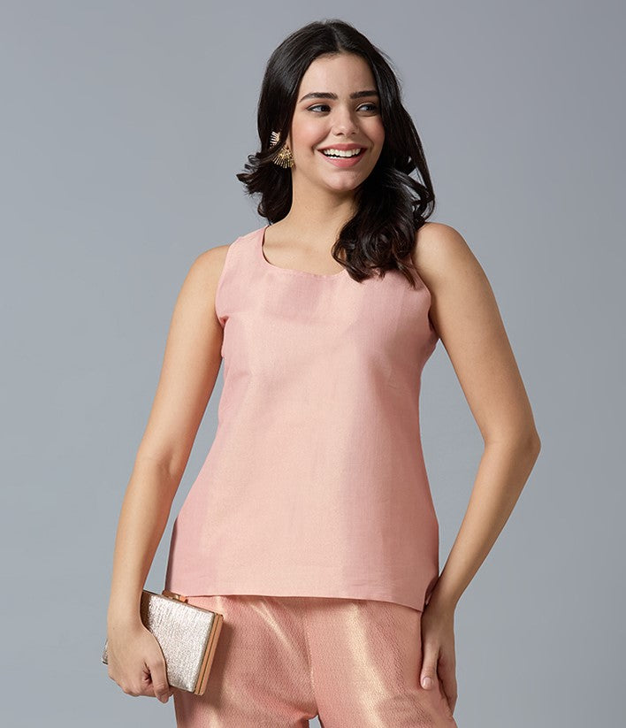 Brocade Pink Gold Sleeveless Top