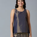 Brocade Solid Navy Sleeveless Top