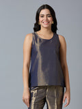 Navy Gold Solid Brocade Sleeveless Top