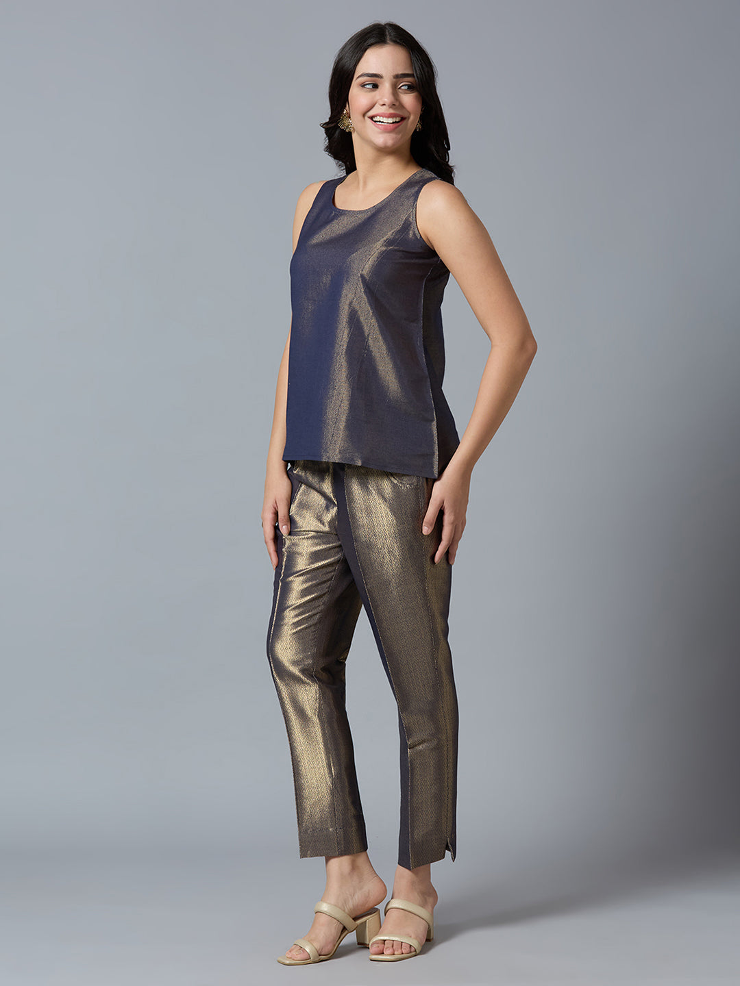 Navy Gold Solid Brocade Sleeveless Top