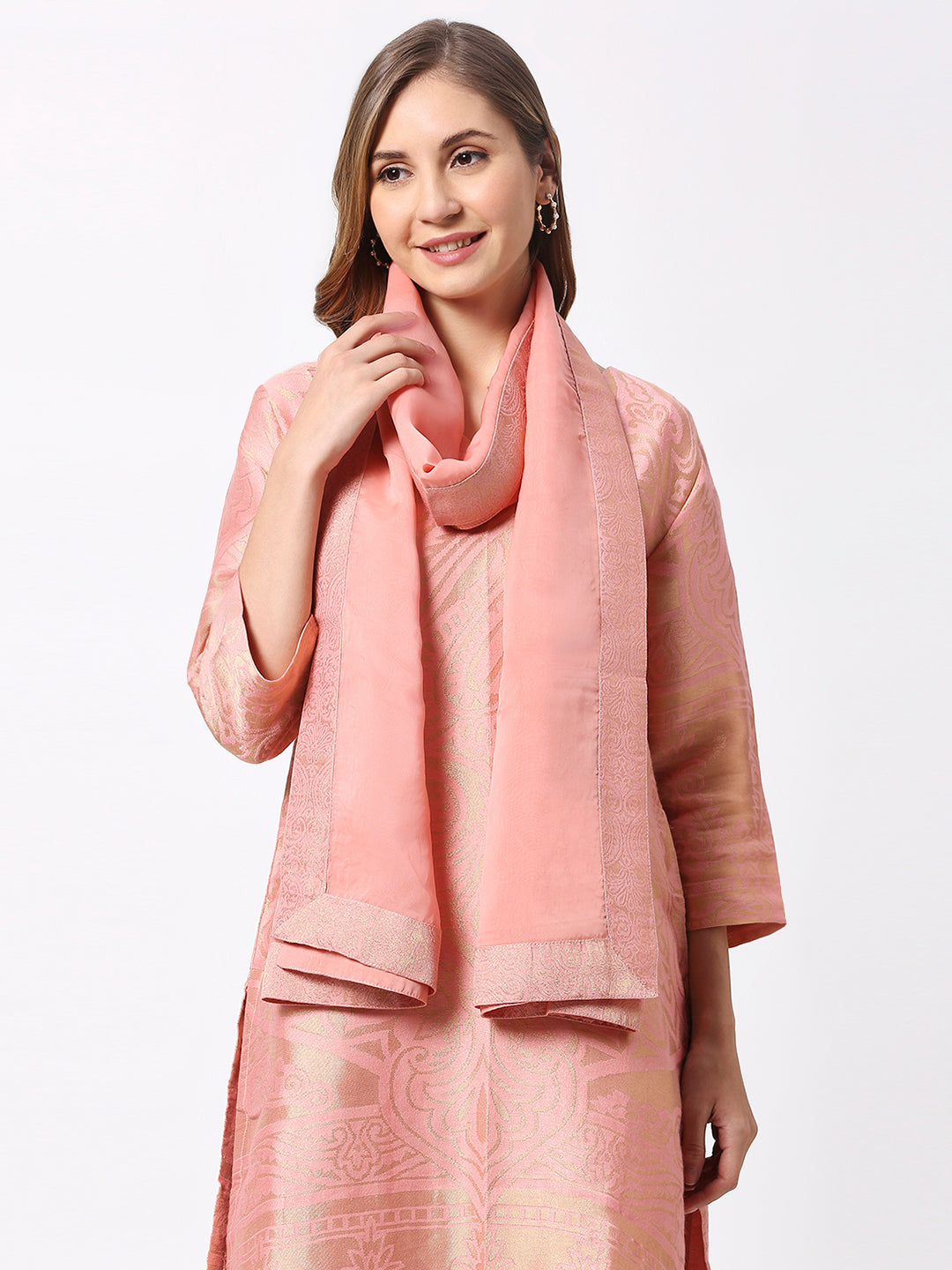 Pink Georgette Dupatta with Brocade Border