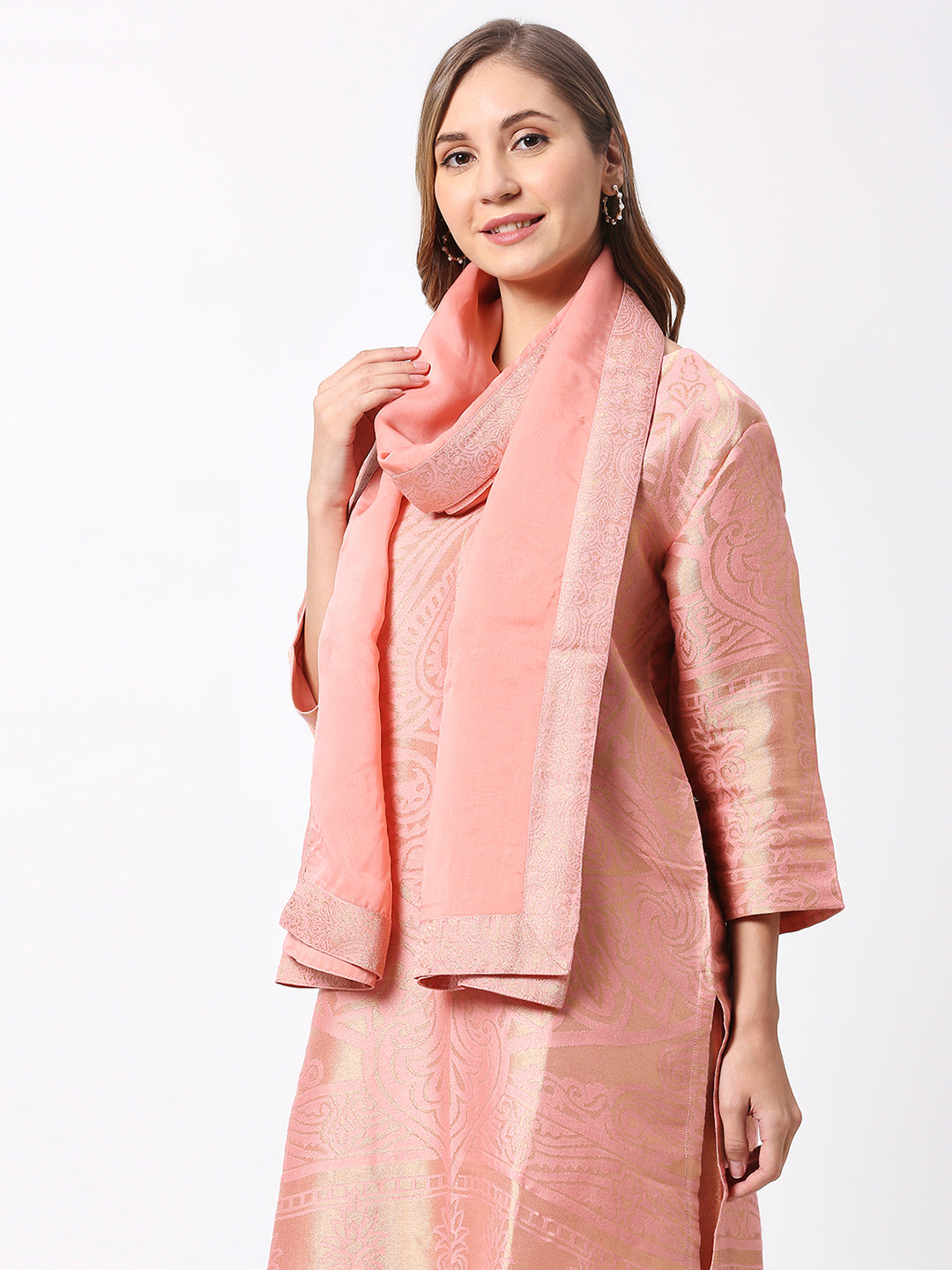 Pink Georgette Dupatta with Brocade Border