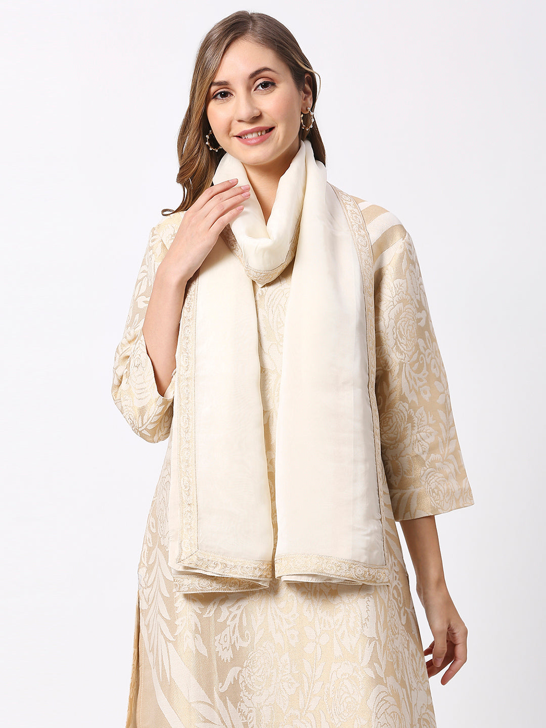 Ivory Georgette Dupatta with Brocade Border