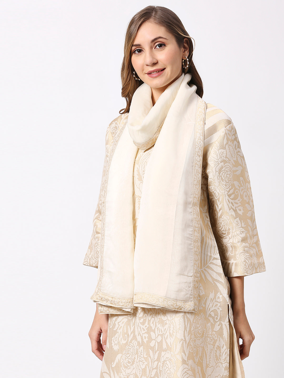 Ivory Georgette Dupatta with Brocade Border