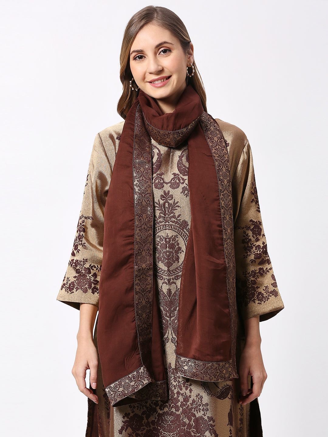 Brown Georgette Dupatta With Brocade Border