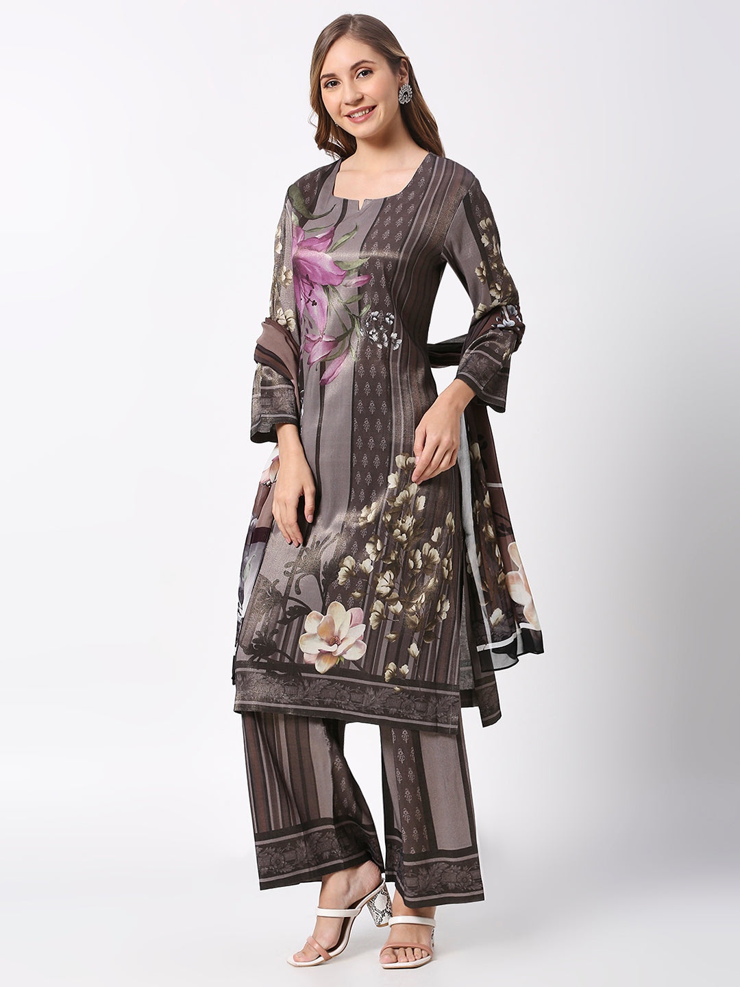 Grey Floral Printed Kurta Set