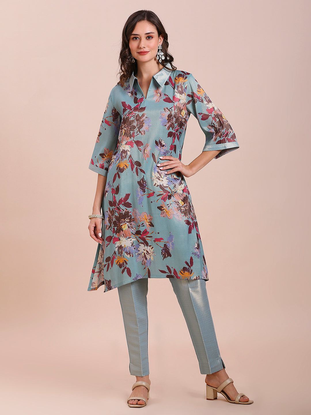Metallic Floral Aqua Kurta