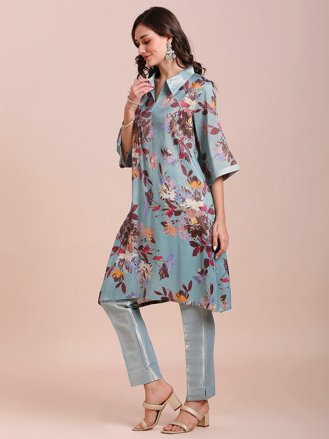 Aqua Floral Printed Metallic Kurta with Brocade Collar