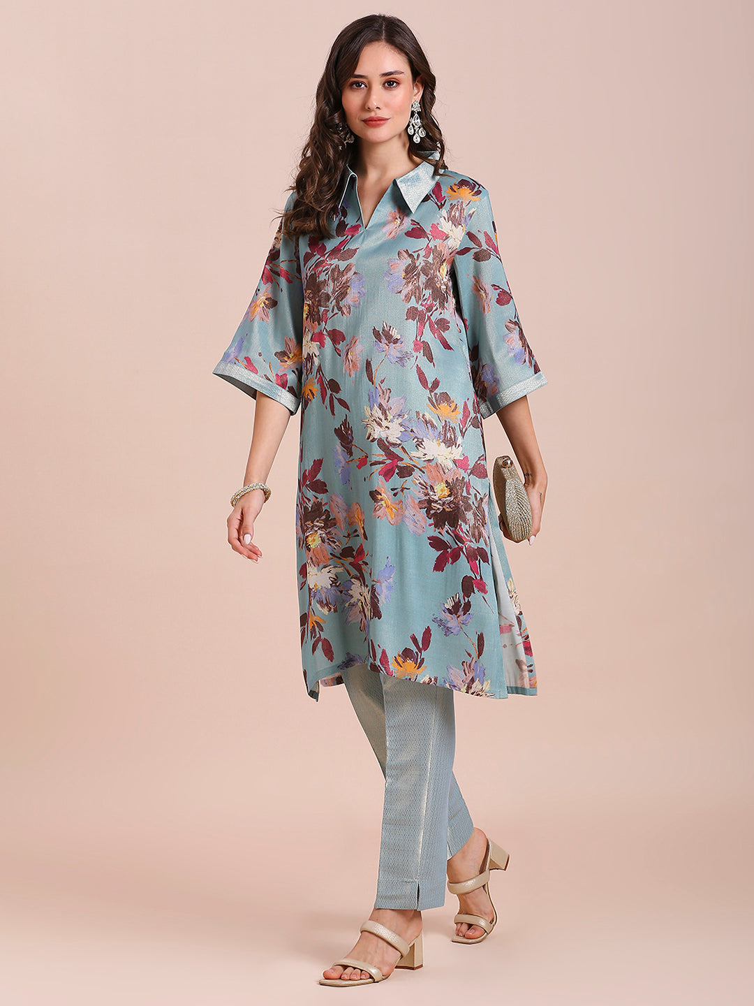 Metallic Floral Aqua Kurta
