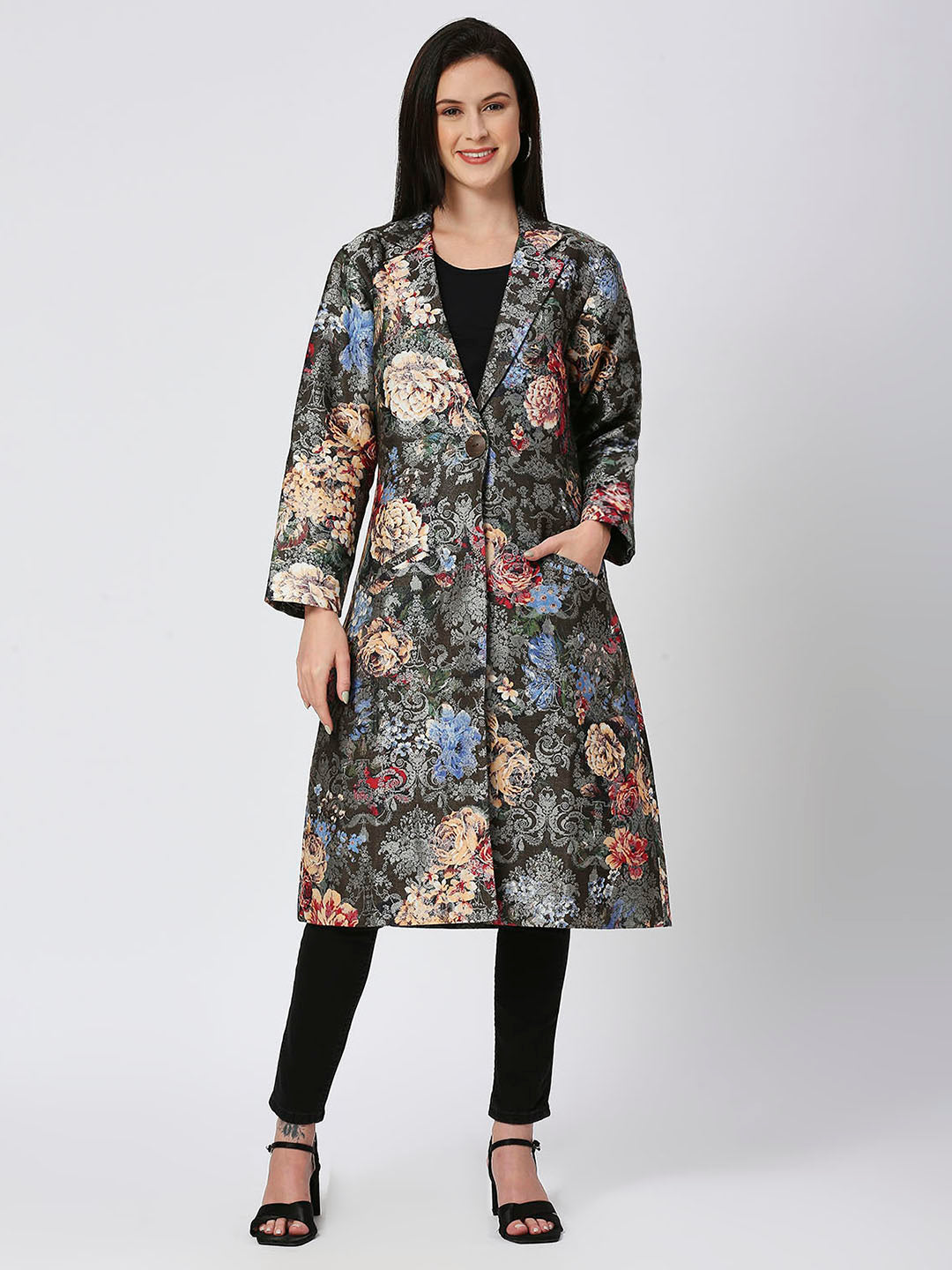 Black Floral Brocade Metallic Long Blazer
