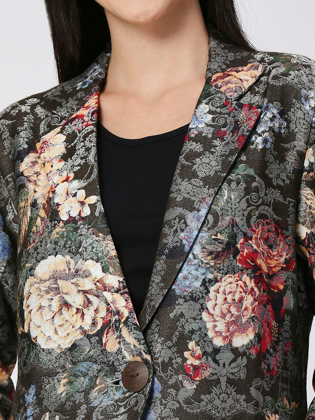Black Multicolored Floral Designed Brocade Metallic Long Jacket