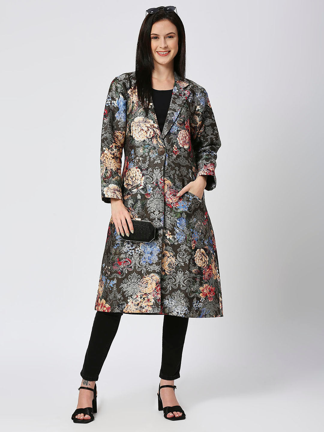 Black Floral Brocade Metallic Long Blazer