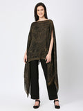 Black & Gold Paisley Designed Off Shoulder Brocade Pleated Poncho