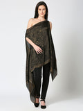 Black & Gold Paisley Designed Off Shoulder Brocade Pleated Poncho