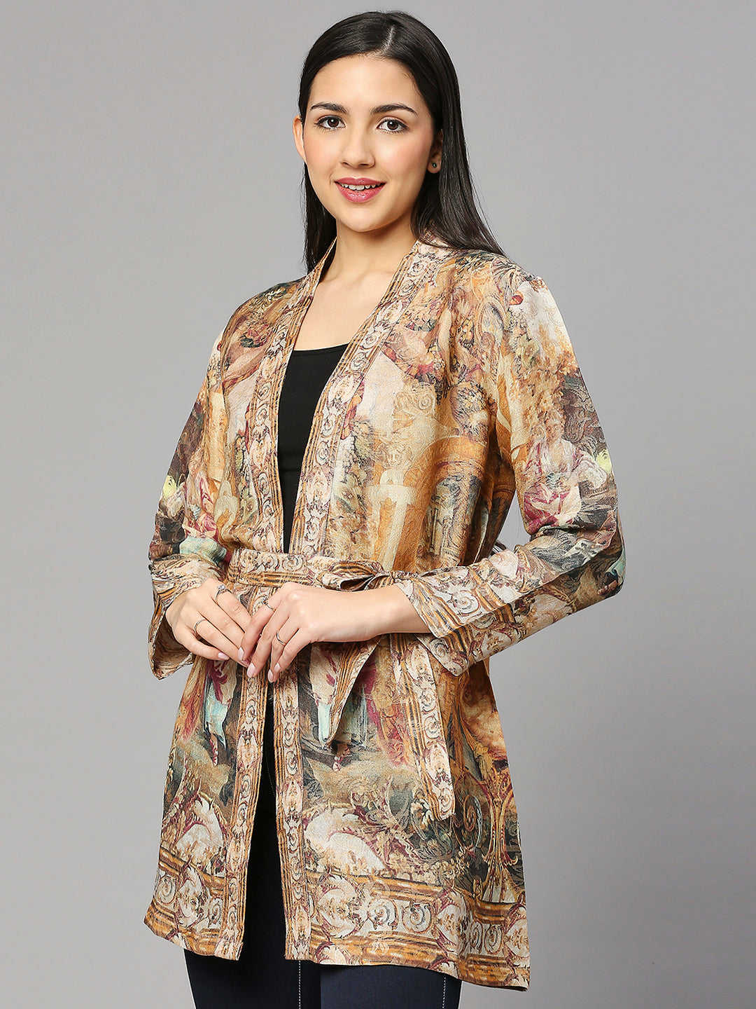Roman Printed Design Kimono on Metallic Fabric