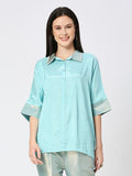 Aqua Solid Viscose Top with Brocade Trims
