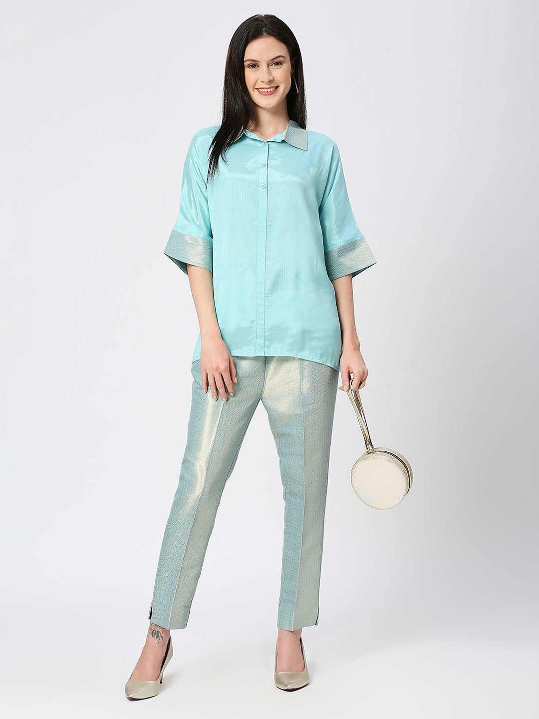 Viscose Aqua Top with Brocade Trims