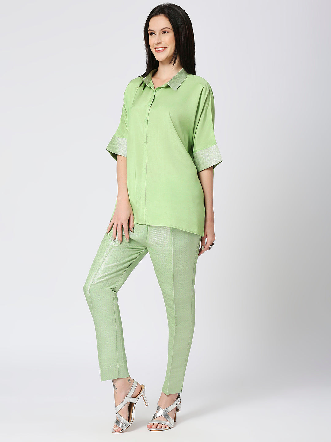 Iceberg Green Solid Viscose Top with Brocade Trims & Pant