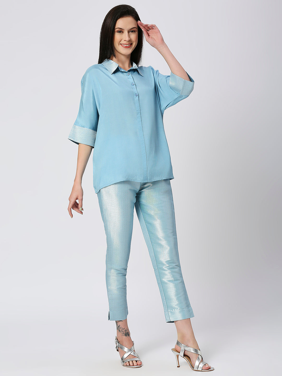 Iceblue Solid Viscose Top with Brocade Trims & Pant