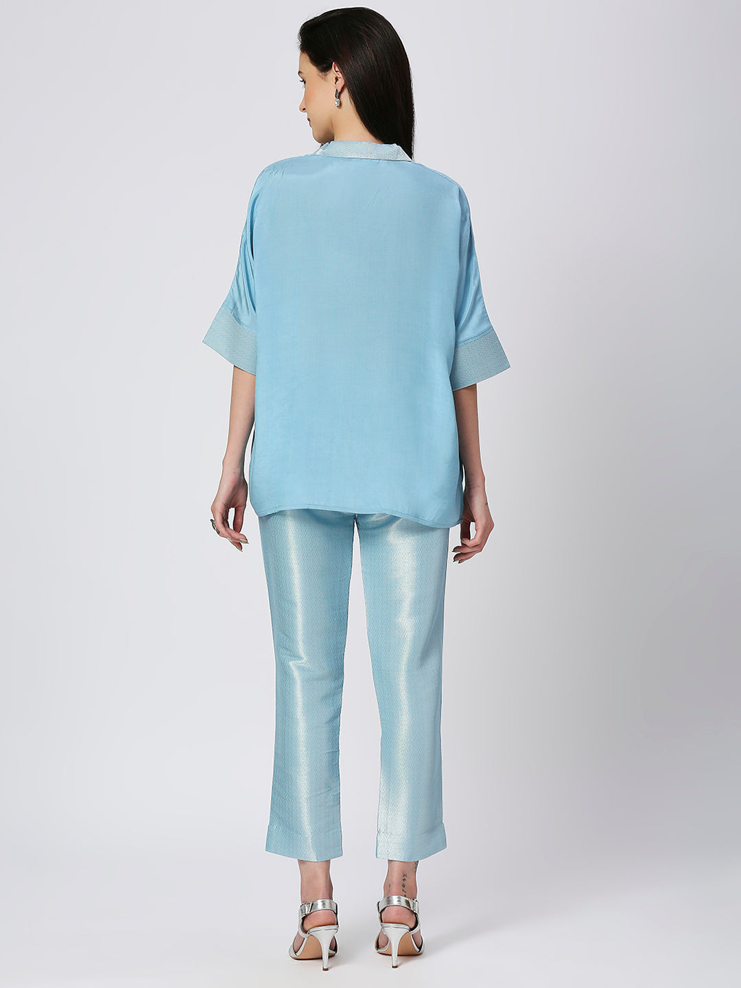 Iceblue Solid Viscose Top with Brocade Trims & Pant