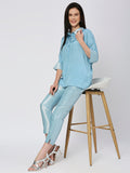 Iceblue Solid Viscose Top with Brocade Trims & Pant
