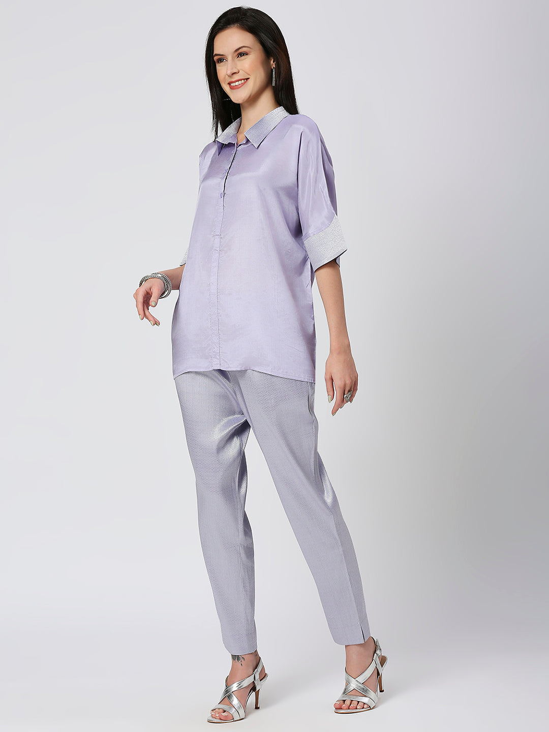 Lavender Solid Viscose Top with Brocade Trims & Pant