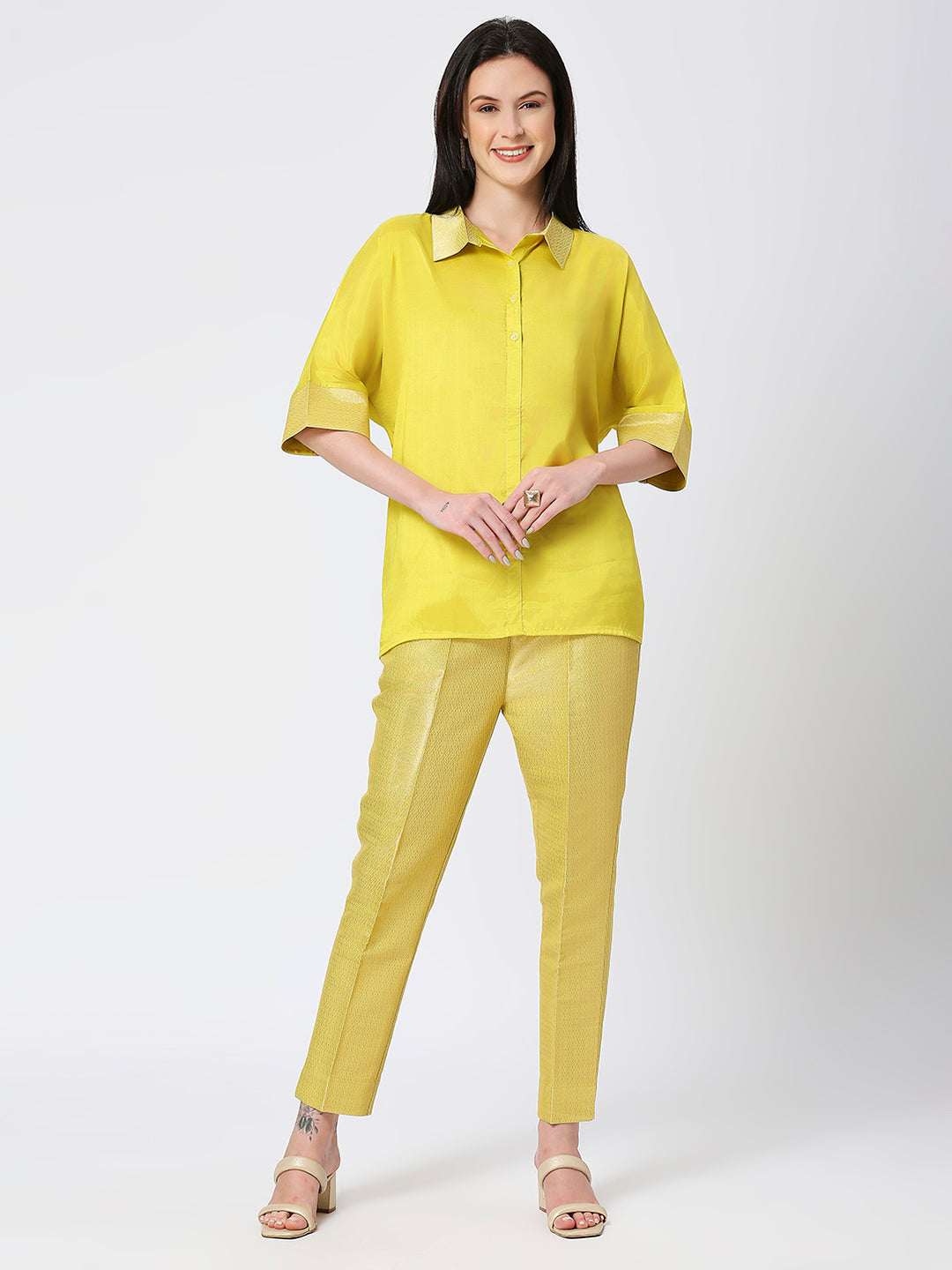 Lime Gold Solid Viscose Top with Brocade Trims & Pant
