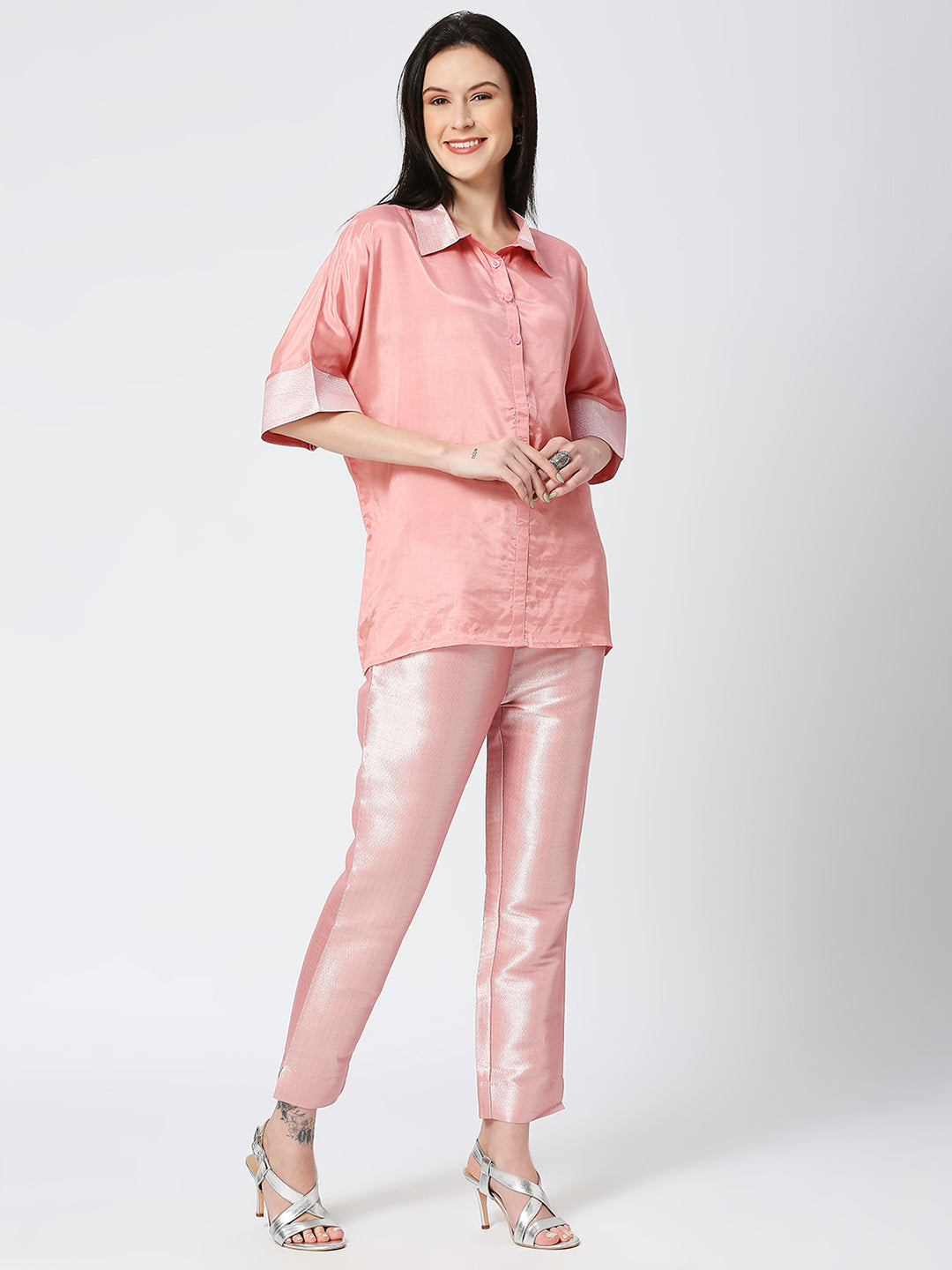 Pink Solid Viscose Top with Brocade Trims & Pant