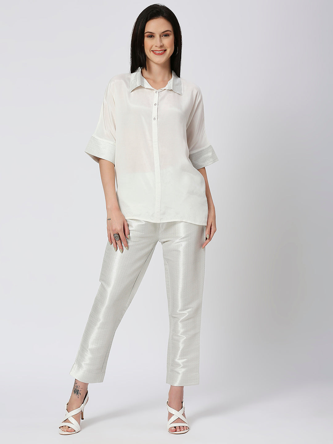 White Solid Viscose Top with Brocade Trims & Pant