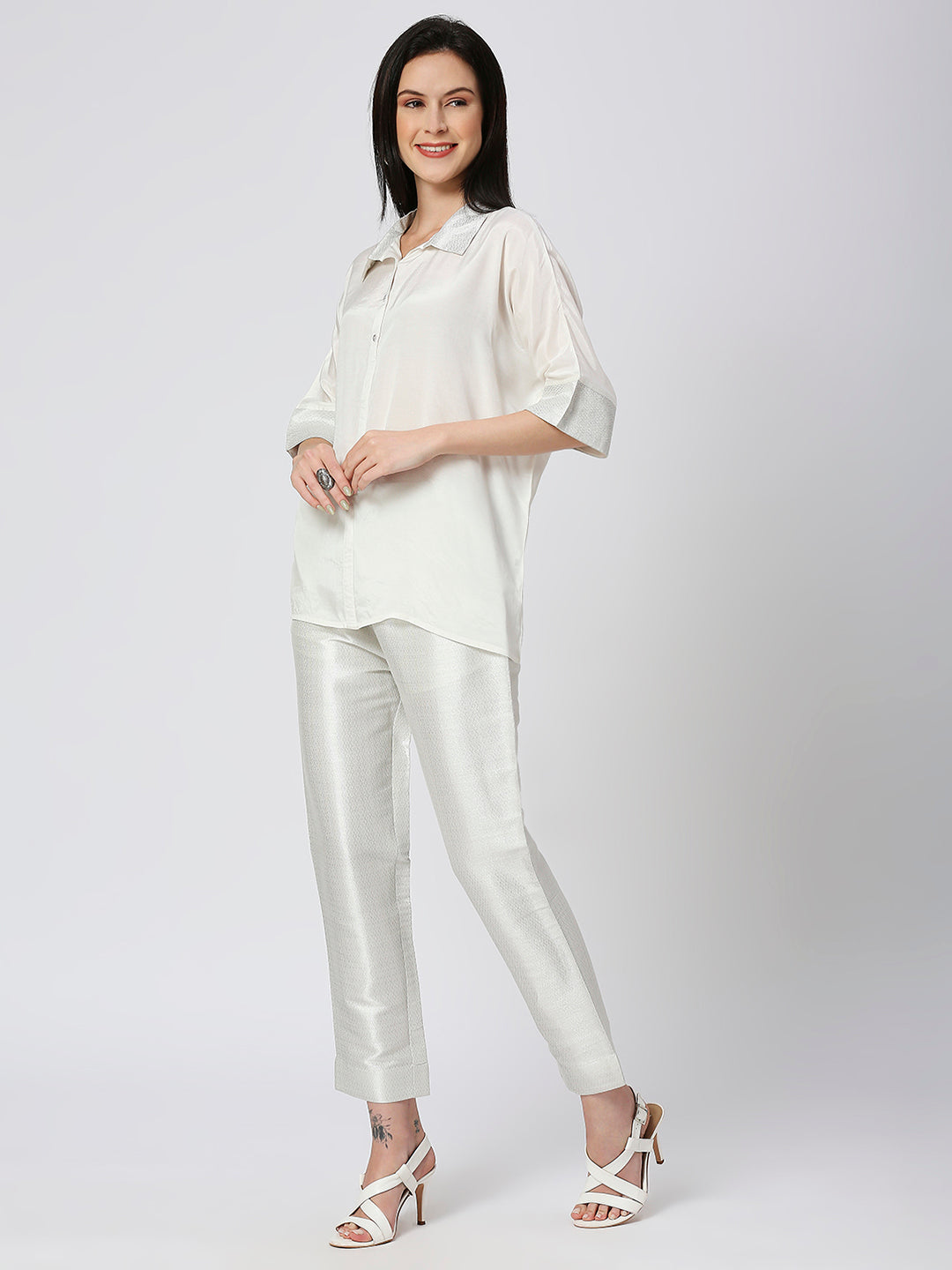 White Solid Viscose Top with Brocade Trims & Pant