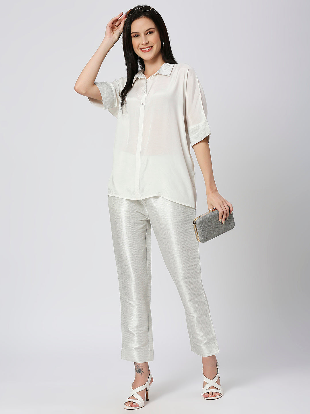 White Top with Brocade Trims & Pant
