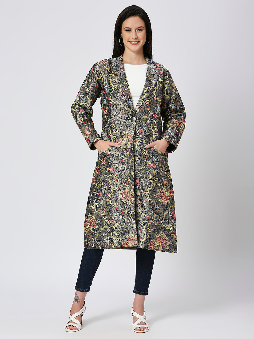 Multicolor Floral Brocade Long Blazer