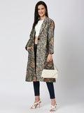Navy Multicolored Floral Designed Brocade Metallic Long Blazer