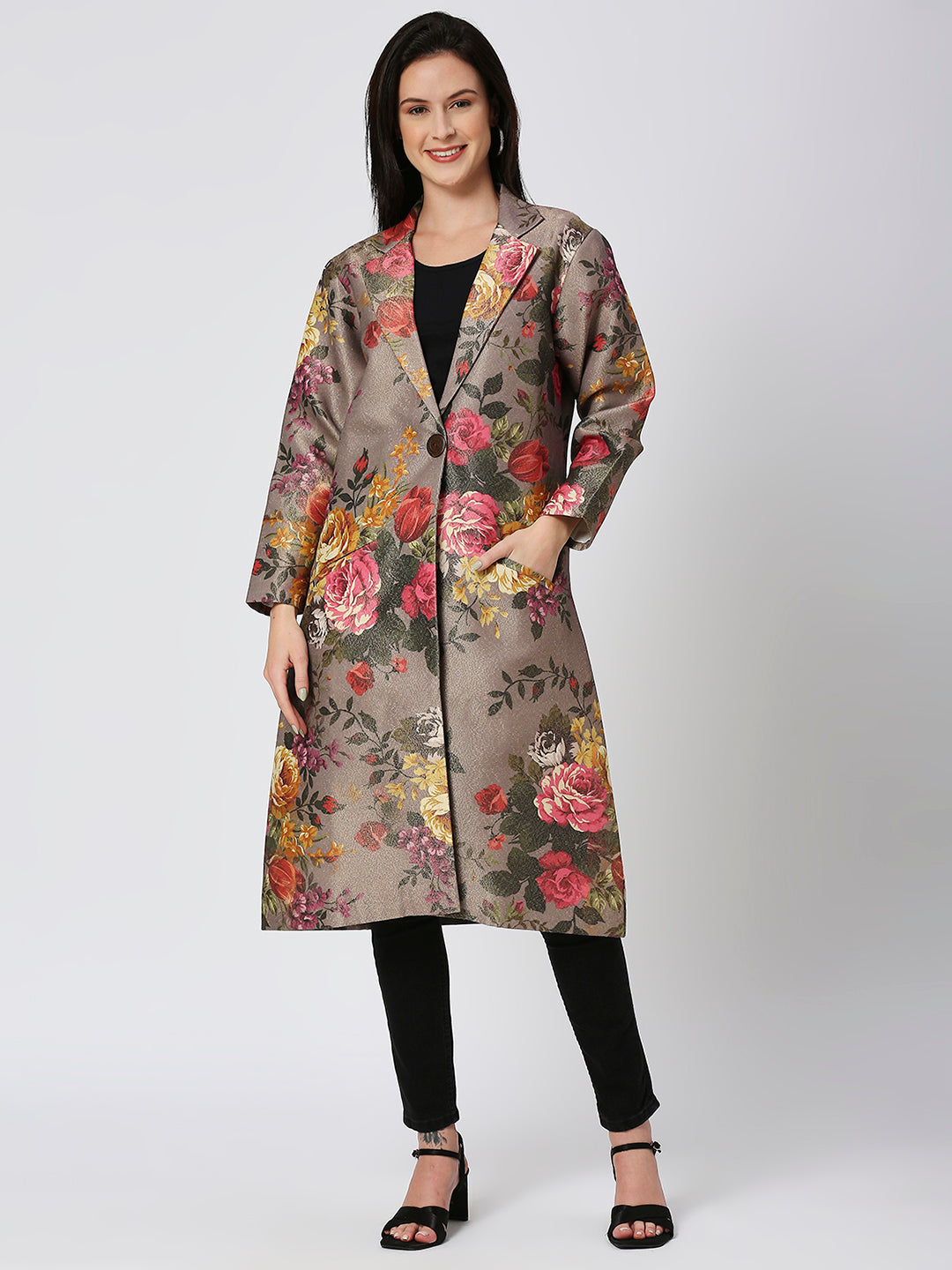 Grey Floral Brocade Metallic Long Blazer