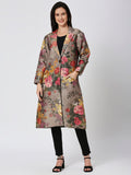 Grey Multicolored Floral Designed Brocade Metallic Long Blazer