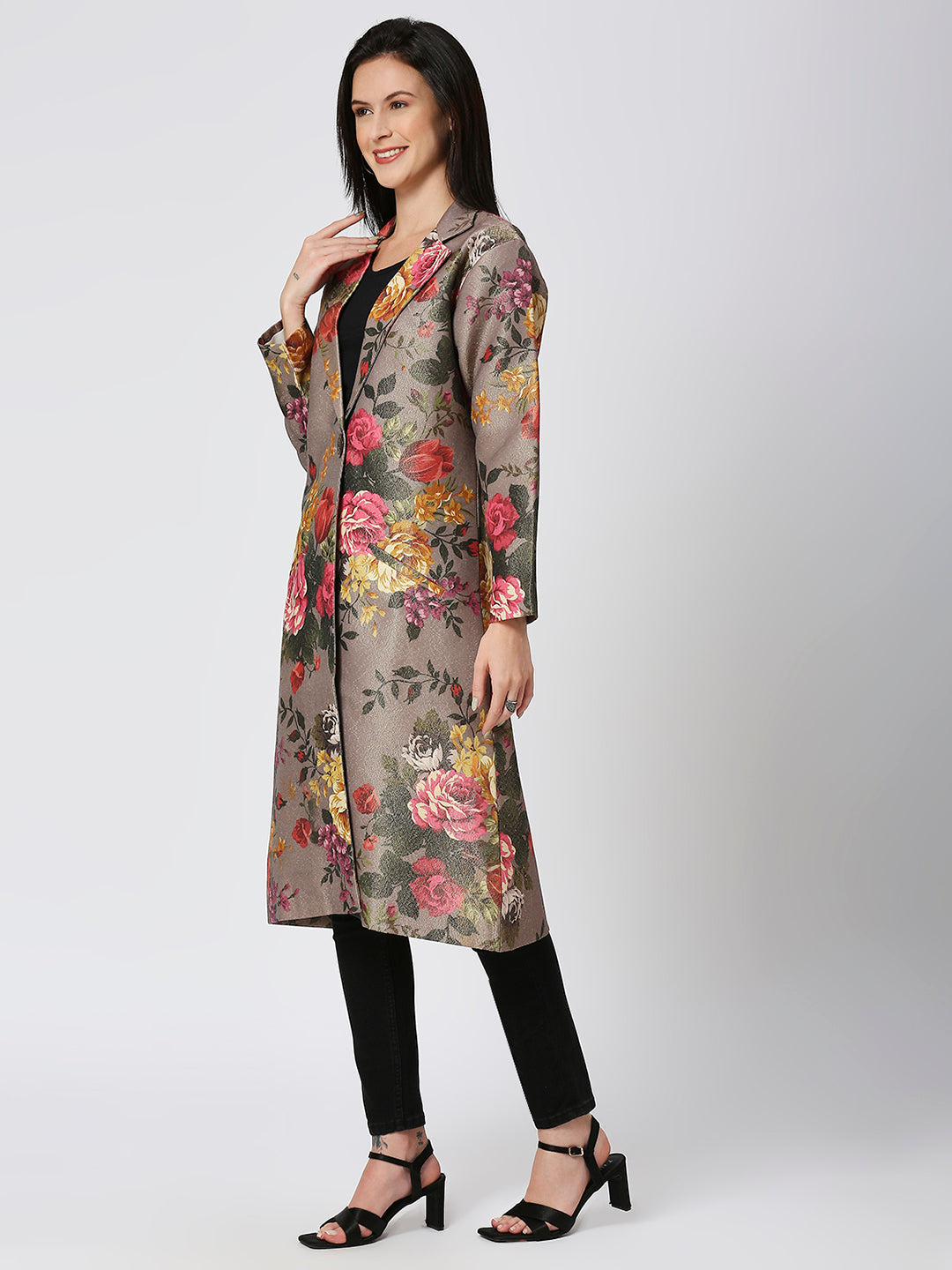 Grey Floral Brocade Metallic Long Blazer