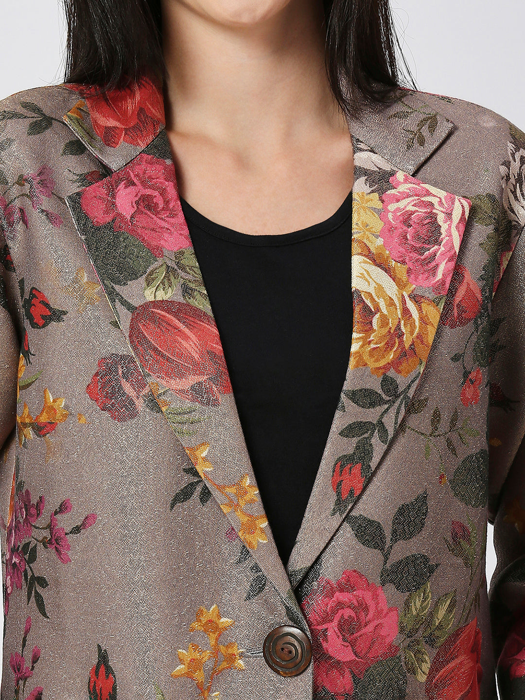 Grey Multicolored Floral Designed Brocade Metallic Long Jacket