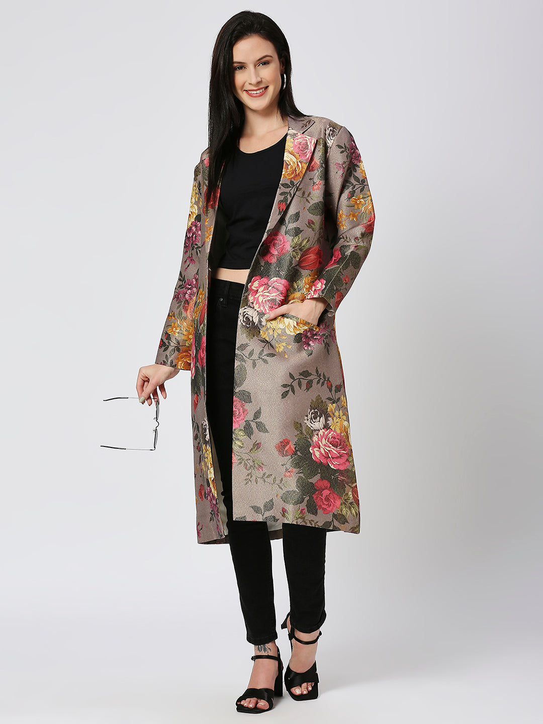 Grey Multicolored Floral Designed Brocade Metallic Long Jacket