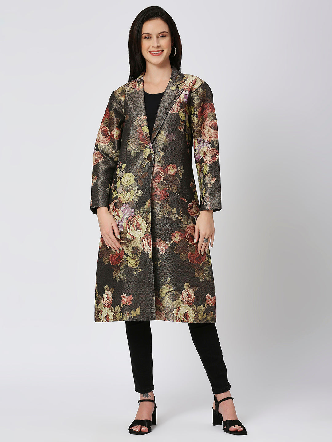Black Floral Design Brocade Long Blazer