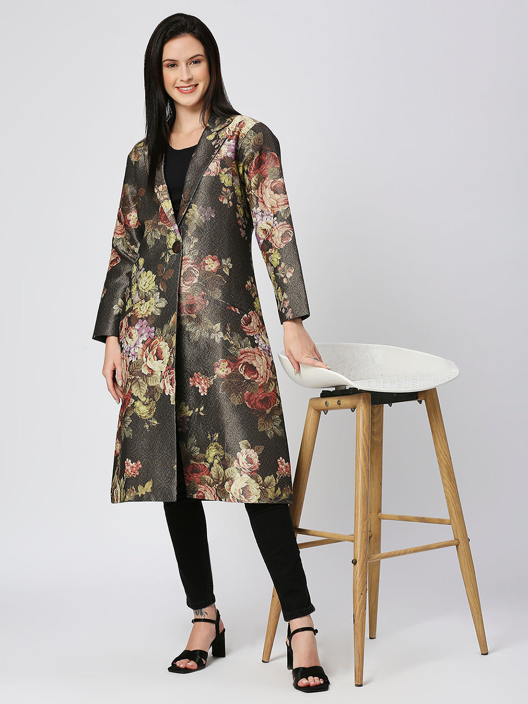 Black Floral Design Brocade Long Blazer
