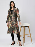 Black Multicolored Floral Designed Brocade Metallic Long Blazer