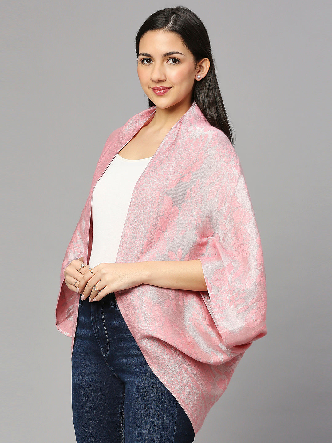 Brocade Floral Patterned Peach & Silver Shrug